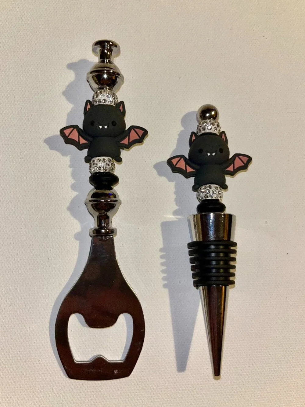 Halloween Sparkly Bat-themed Wine Stopper and Bottle Opener Set